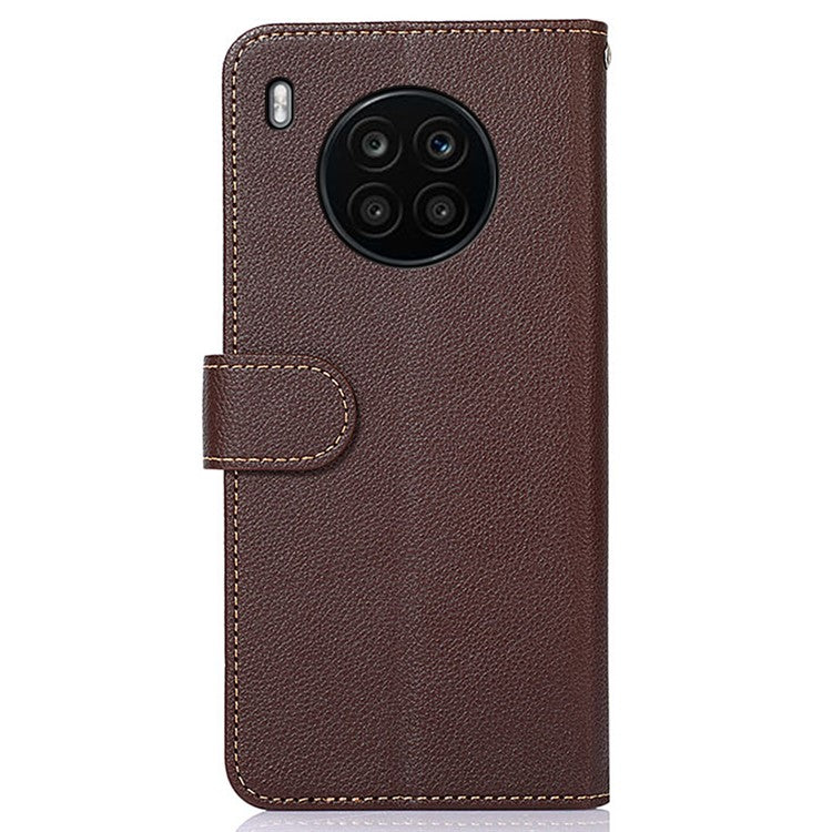 KHAZNEH RFID Blocking Anti-theft Swiping Stand Litchi Texture PU Leather Flip Folio Wallet Phone Case with Strap for Honor 50 Lite / Huawei nova 8i - Brown