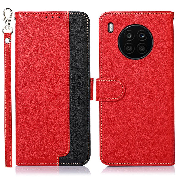 KHAZNEH RFID Blocking Anti-theft Swiping Stand Litchi Texture PU Leather Flip Folio Wallet Phone Case with Strap for Honor 50 Lite / Huawei nova 8i - Red