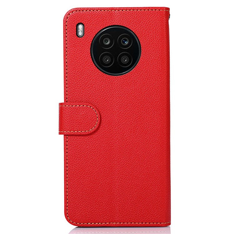 KHAZNEH RFID Blocking Anti-theft Swiping Stand Litchi Texture PU Leather Flip Folio Wallet Phone Case with Strap for Honor 50 Lite / Huawei nova 8i - Red