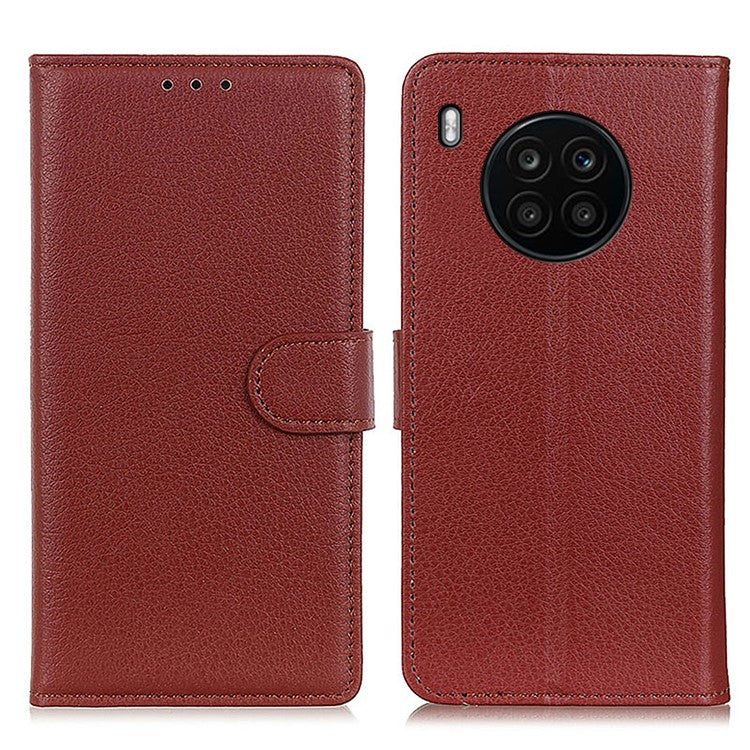 Wallet Stand Design Litchi Texture PU Leather Phone Case Cover Protector for Huawei nova 8i/Honor 50 Lite - Brown