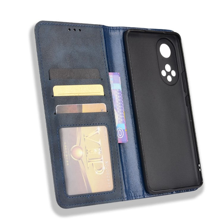 Anti-dust Retro Textured Surface Phone Leather Case Wallet Stand Protective Cover for Huawei nova 9 Pro / Honor 50 Pro - Blue