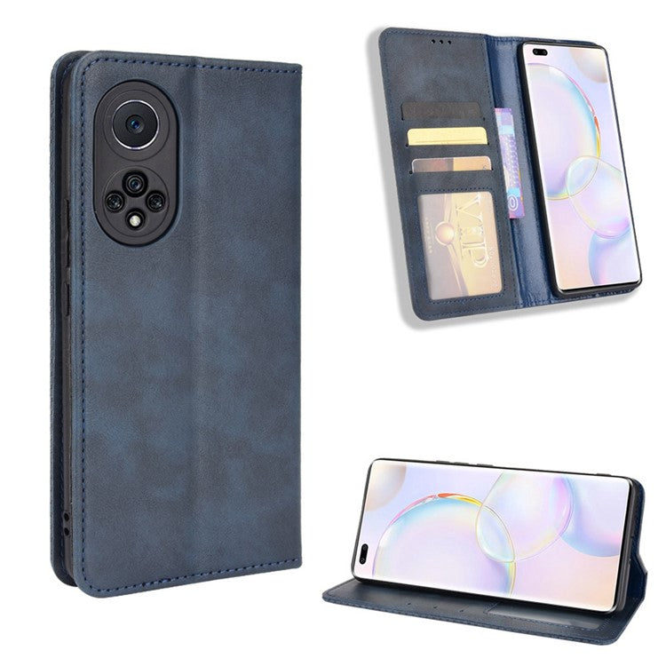 Anti-dust Retro Textured Surface Phone Leather Case Wallet Stand Protective Cover for Huawei nova 9 Pro / Honor 50 Pro - Blue