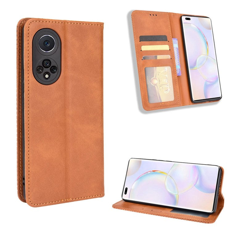Anti-dust Retro Textured Surface Phone Leather Case Wallet Stand Protective Cover for Huawei nova 9 Pro / Honor 50 Pro - Brown