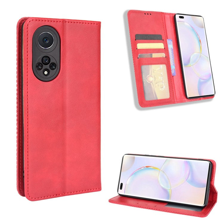 Anti-dust Retro Textured Surface Phone Leather Case Wallet Stand Protective Cover for Huawei nova 9 Pro / Honor 50 Pro - Red