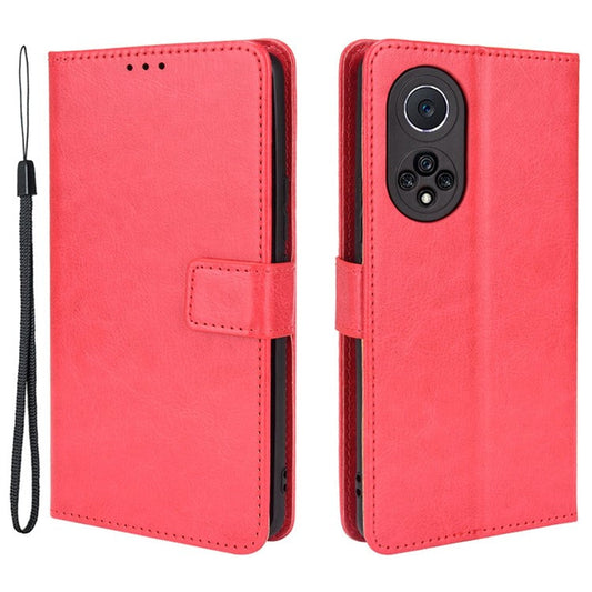 Fashionable Crazy Horse Texture PU Leather Wallet Magnetic Anti-Scratch Case with Wrist Strap for Huawei nova 9 Pro / Honor 50 Pro - Red
