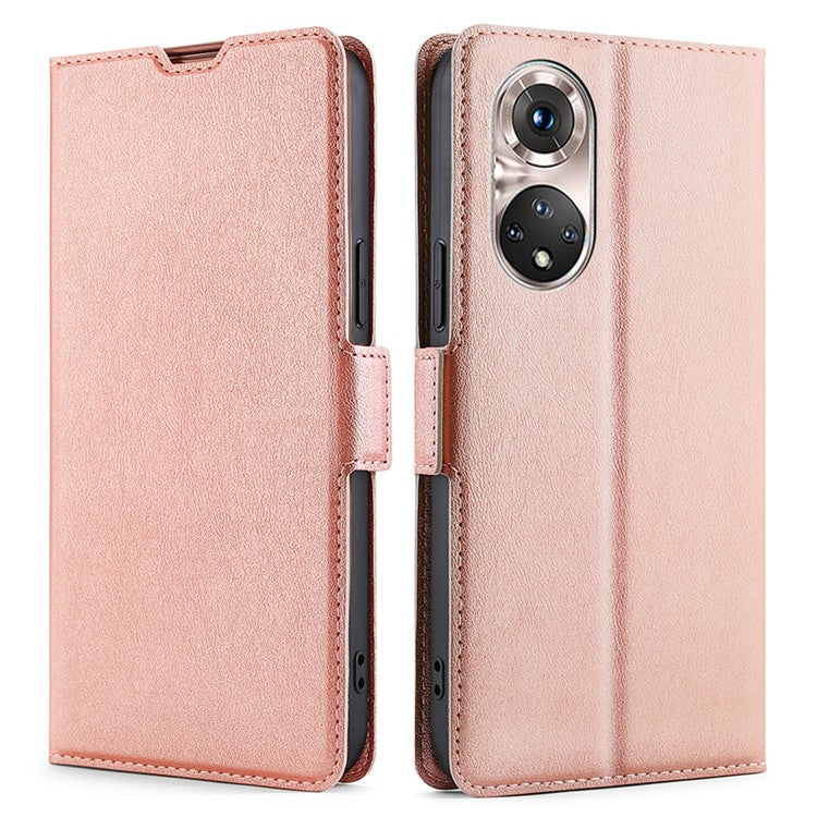 Ultra-thin Stand Flip Solid Color Leather Shell with Card Slot Side Magnetic Closure Protective Case for Honor 50 Pro - Rose Gold