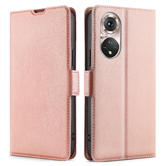 Ultra-thin Stand Flip Solid Color Leather Shell with Card Slot Side Magnetic Closure Protective Case for Honor 50 Pro - Rose Gold