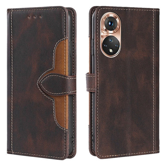 Bi-color Magnetic Clasp Anti-scratch Anti-shock PU Leather and TPU Phone Case Cover with Stand for Honor 50 - Brown