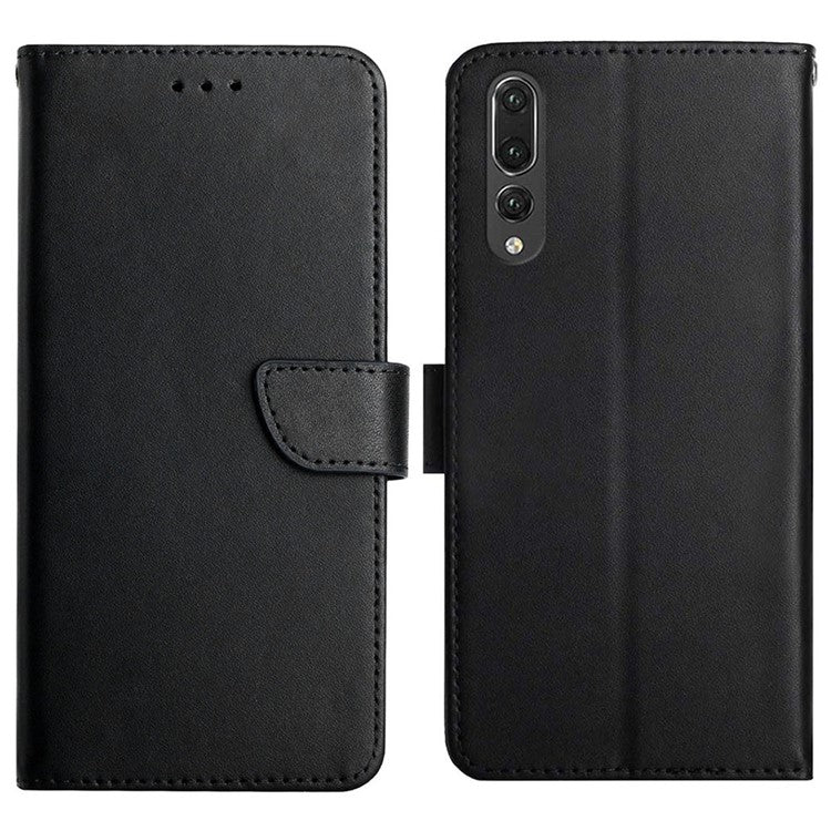 For Huawei P20 Pro Wallet Sturdy Stand Solid Color Genuine Leather Nappa Texture Magnetic Closure Stand Wallet Case Flip Phone Shell - Black