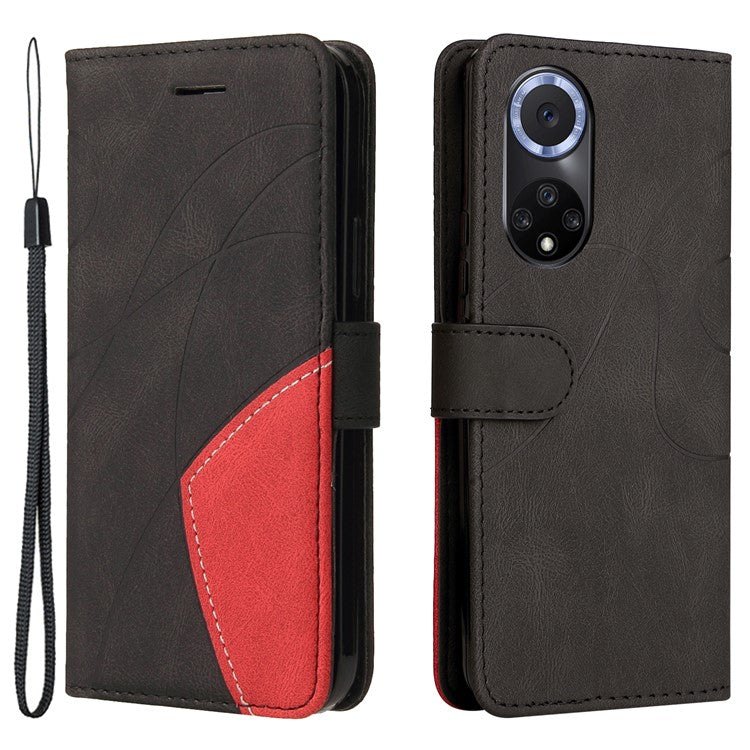 KT Leather Series-1 Anti-fingerprint Dual-Color Splicing Style Flip Phone Shell PU Leather Wallet Design Phone Case with Stand for Huawei nova 9 / Honor 50 - Black
