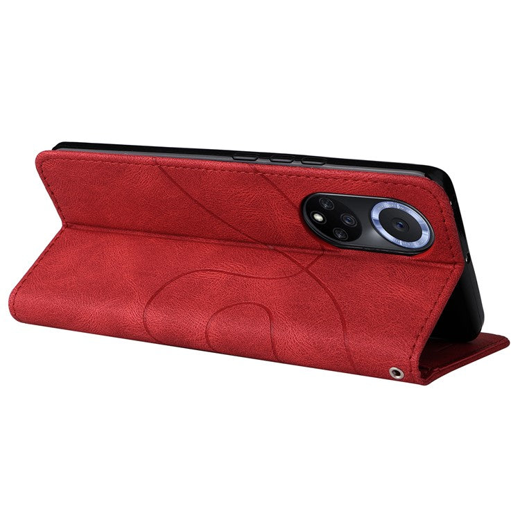 KT Leather Series-1 Anti-fingerprint Dual-Color Splicing Style Flip Phone Shell PU Leather Wallet Design Phone Case with Stand for Huawei nova 9 / Honor 50 - Red