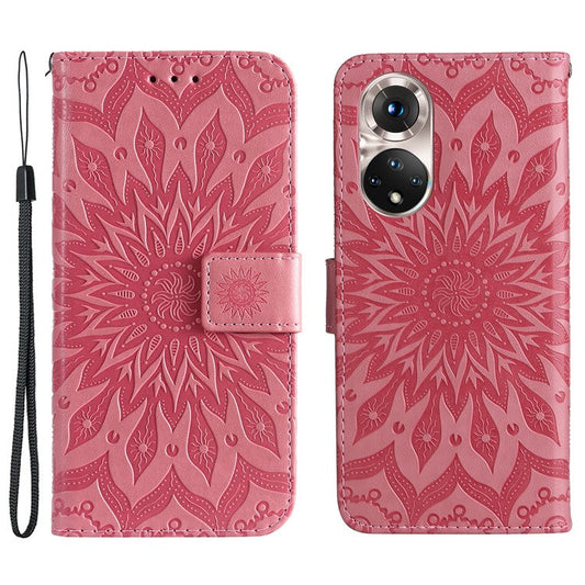 KT Imprinting Flower Series-1 Imprinting Mandala Sun Pattern Anti-scratch Protective Leather Case with Wallet Stand for Huawei nova 9/Honor 50 5G - Pink