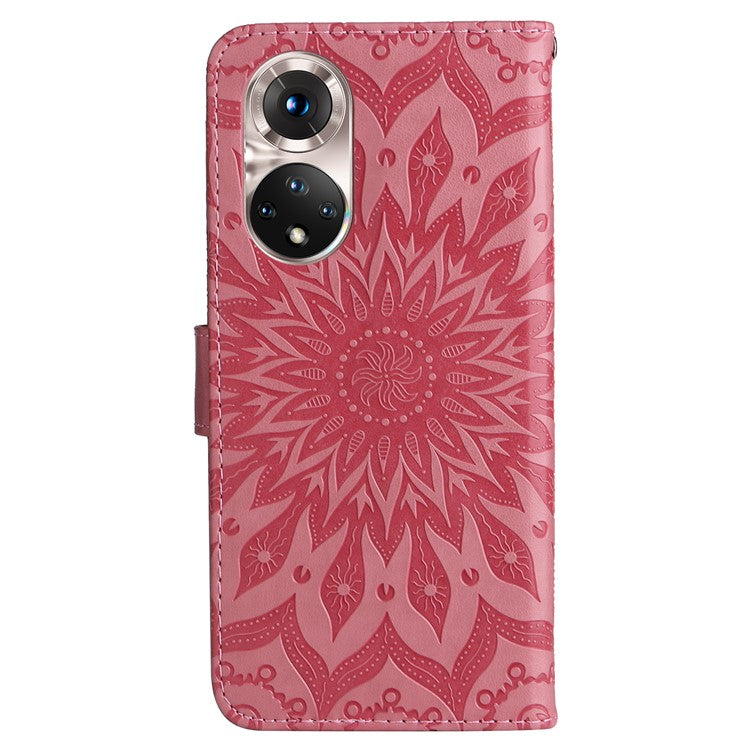 KT Imprinting Flower Series-1 Imprinting Mandala Sun Pattern Anti-scratch Protective Leather Case with Wallet Stand for Huawei nova 9/Honor 50 5G - Pink