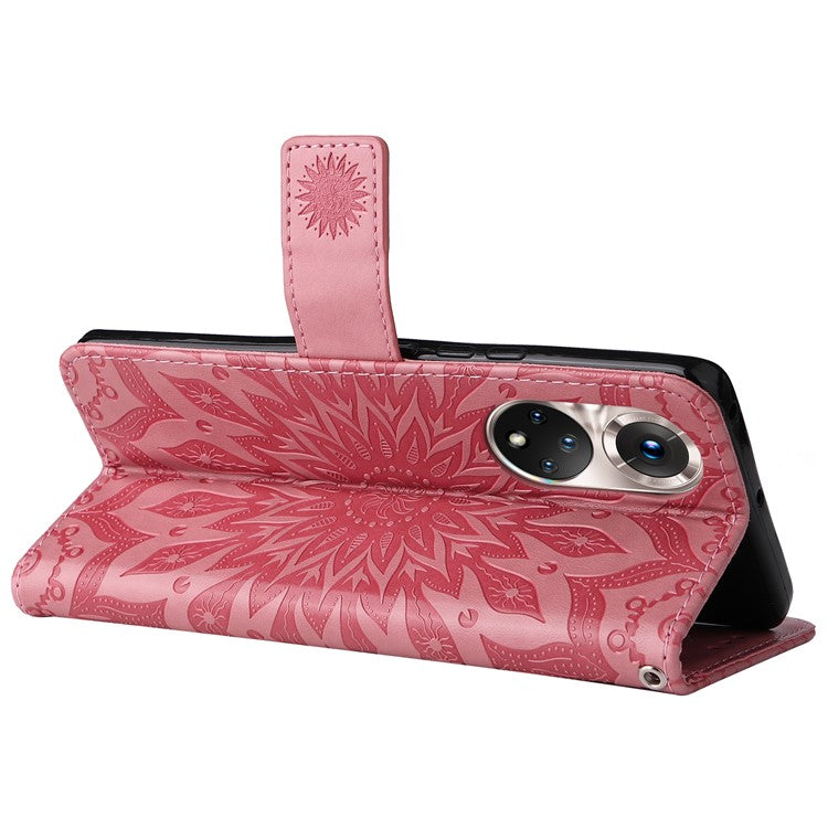KT Imprinting Flower Series-1 Imprinting Mandala Sun Pattern Anti-scratch Protective Leather Case with Wallet Stand for Huawei nova 9/Honor 50 5G - Pink