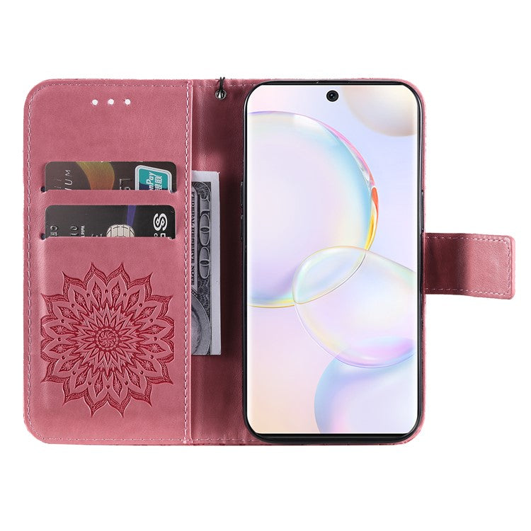 KT Imprinting Flower Series-1 Imprinting Mandala Sun Pattern Anti-scratch Protective Leather Case with Wallet Stand for Huawei nova 9/Honor 50 5G - Pink