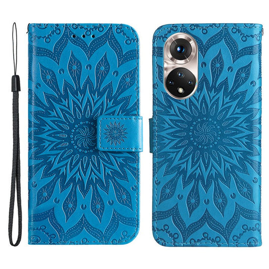 KT Imprinting Flower Series-1 Imprinting Mandala Sun Pattern Anti-scratch Protective Leather Case with Wallet Stand for Huawei nova 9/Honor 50 5G - Blue