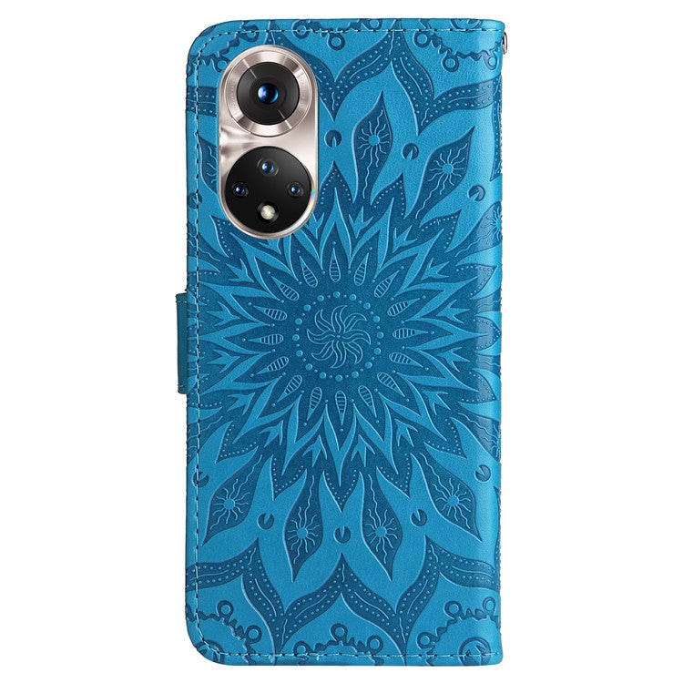 KT Imprinting Flower Series-1 Imprinting Mandala Sun Pattern Anti-scratch Protective Leather Case with Wallet Stand for Huawei nova 9/Honor 50 5G - Blue