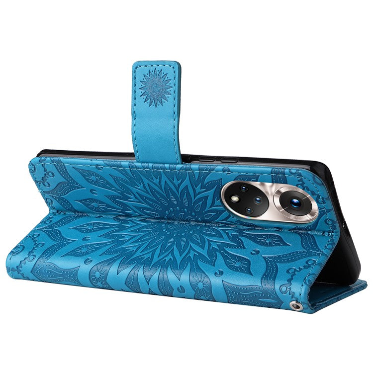 KT Imprinting Flower Series-1 Imprinting Mandala Sun Pattern Anti-scratch Protective Leather Case with Wallet Stand for Huawei nova 9/Honor 50 5G - Blue