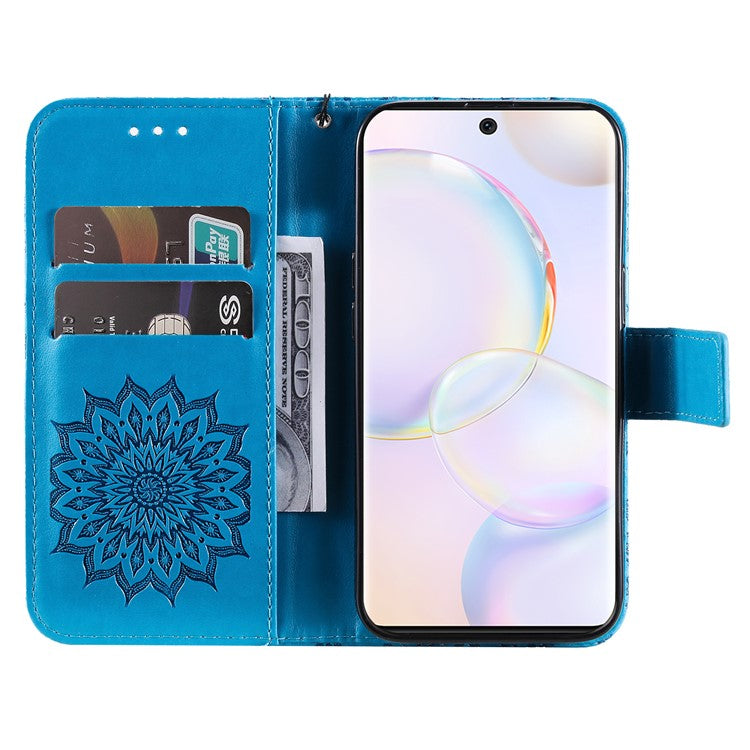 KT Imprinting Flower Series-1 Imprinting Mandala Sun Pattern Anti-scratch Protective Leather Case with Wallet Stand for Huawei nova 9/Honor 50 5G - Blue