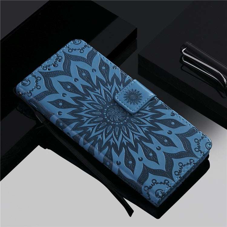 KT Imprinting Flower Series-1 Imprinting Mandala Sun Pattern Anti-scratch Protective Leather Case with Wallet Stand for Huawei nova 9/Honor 50 5G - Blue