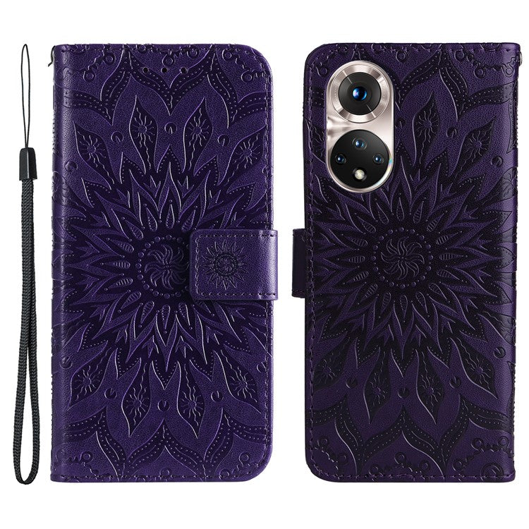 KT Imprinting Flower Series-1 Imprinting Mandala Sun Pattern Anti-scratch Protective Leather Case with Wallet Stand for Huawei nova 9/Honor 50 5G - Purple