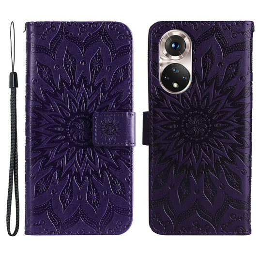 KT Imprinting Flower Series-1 Imprinting Mandala Sun Pattern Anti-scratch Protective Leather Case with Wallet Stand for Huawei nova 9/Honor 50 5G - Purple