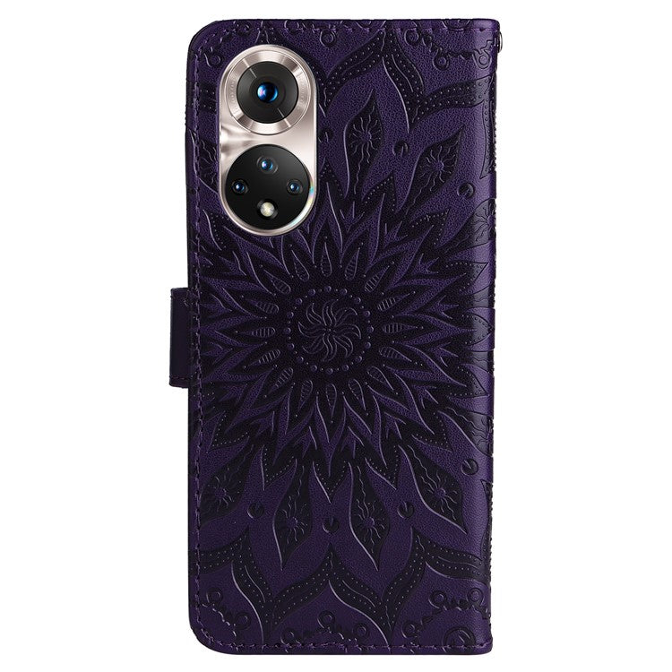 KT Imprinting Flower Series-1 Imprinting Mandala Sun Pattern Anti-scratch Protective Leather Case with Wallet Stand for Huawei nova 9/Honor 50 5G - Purple