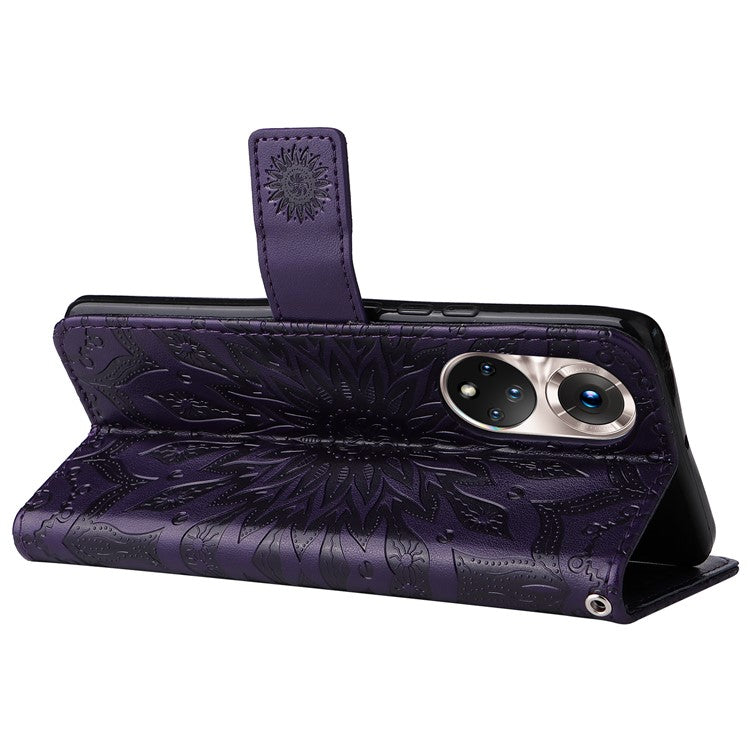 KT Imprinting Flower Series-1 Imprinting Mandala Sun Pattern Anti-scratch Protective Leather Case with Wallet Stand for Huawei nova 9/Honor 50 5G - Purple