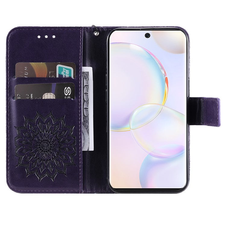 KT Imprinting Flower Series-1 Imprinting Mandala Sun Pattern Anti-scratch Protective Leather Case with Wallet Stand for Huawei nova 9/Honor 50 5G - Purple