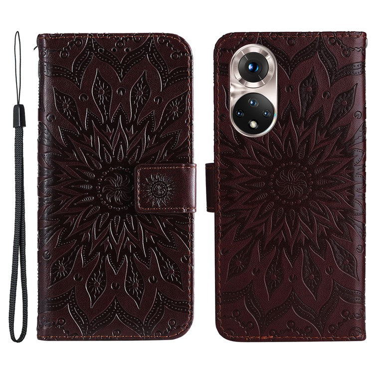 KT Imprinting Flower Series-1 Imprinting Mandala Sun Pattern Anti-scratch Protective Leather Case with Wallet Stand for Huawei nova 9/Honor 50 5G - Brown