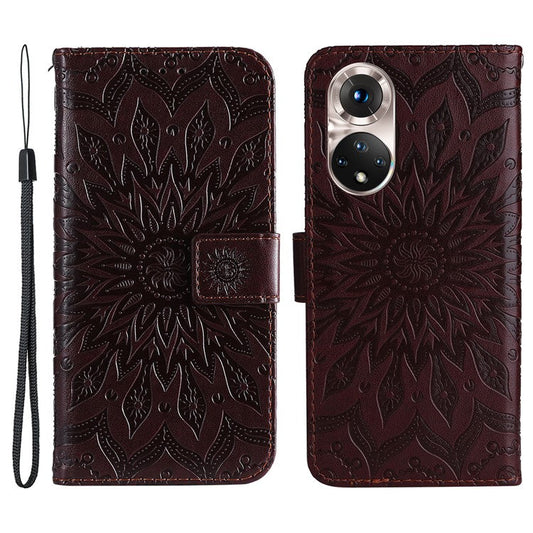 KT Imprinting Flower Series-1 Imprinting Mandala Sun Pattern Anti-scratch Protective Leather Case with Wallet Stand for Huawei nova 9/Honor 50 5G - Brown