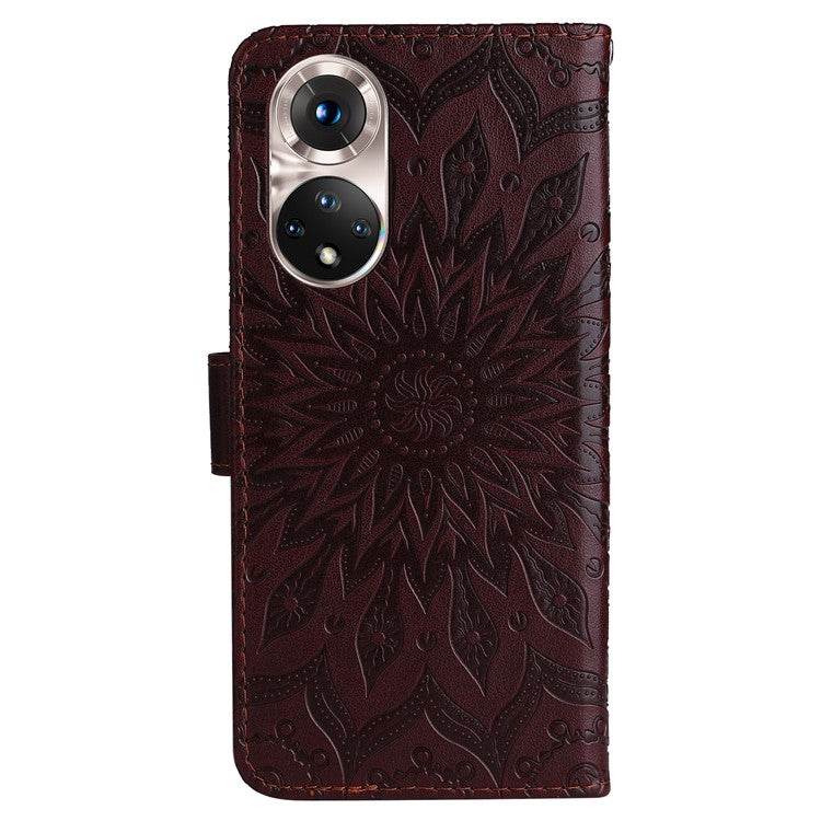 KT Imprinting Flower Series-1 Imprinting Mandala Sun Pattern Anti-scratch Protective Leather Case with Wallet Stand for Huawei nova 9/Honor 50 5G - Brown