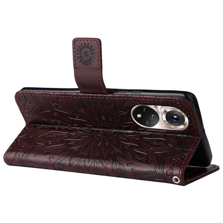 KT Imprinting Flower Series-1 Imprinting Mandala Sun Pattern Anti-scratch Protective Leather Case with Wallet Stand for Huawei nova 9/Honor 50 5G - Brown