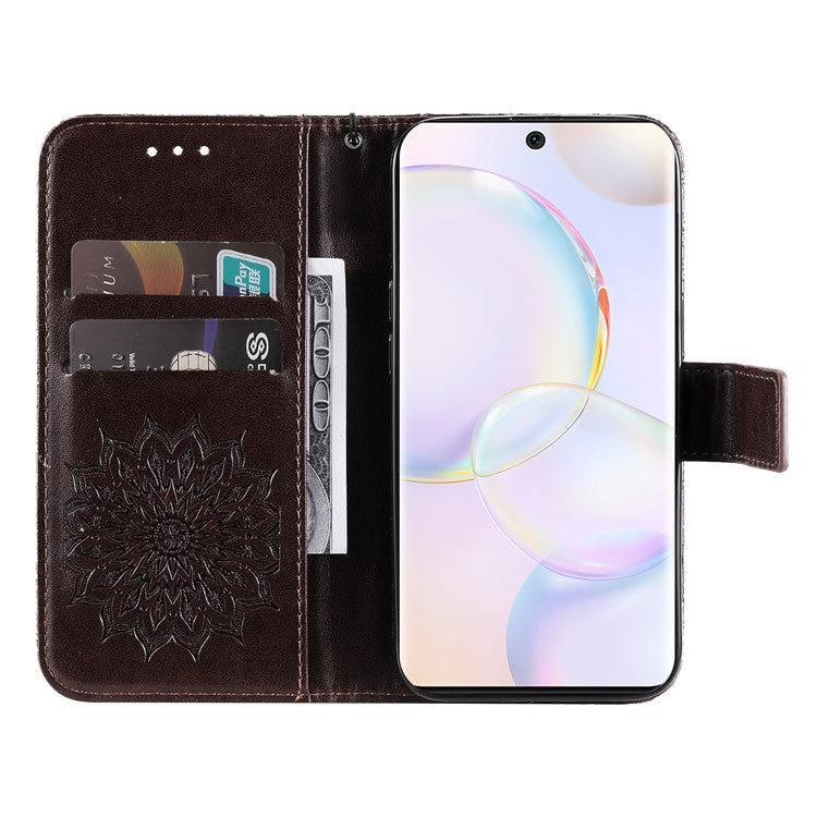 KT Imprinting Flower Series-1 Imprinting Mandala Sun Pattern Anti-scratch Protective Leather Case with Wallet Stand for Huawei nova 9/Honor 50 5G - Brown