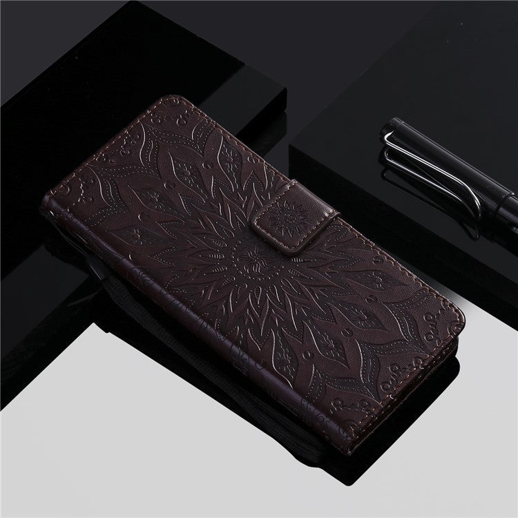 KT Imprinting Flower Series-1 Imprinting Mandala Sun Pattern Anti-scratch Protective Leather Case with Wallet Stand for Huawei nova 9/Honor 50 5G - Brown
