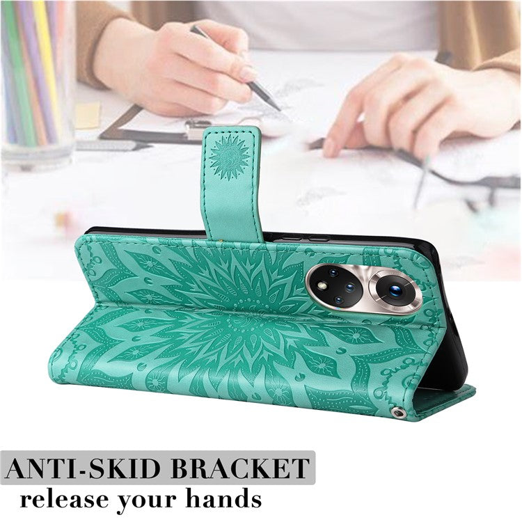 KT Imprinting Flower Series-1 Imprinting Mandala Sun Pattern Anti-scratch Protective Leather Case with Wallet Stand for Huawei nova 9/Honor 50 5G - Green