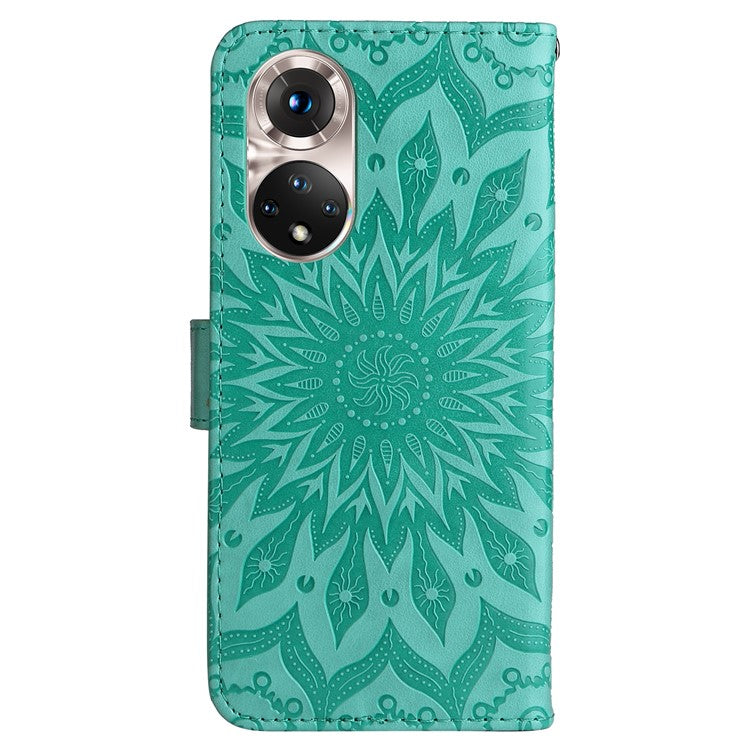 KT Imprinting Flower Series-1 Imprinting Mandala Sun Pattern Anti-scratch Protective Leather Case with Wallet Stand for Huawei nova 9/Honor 50 5G - Green