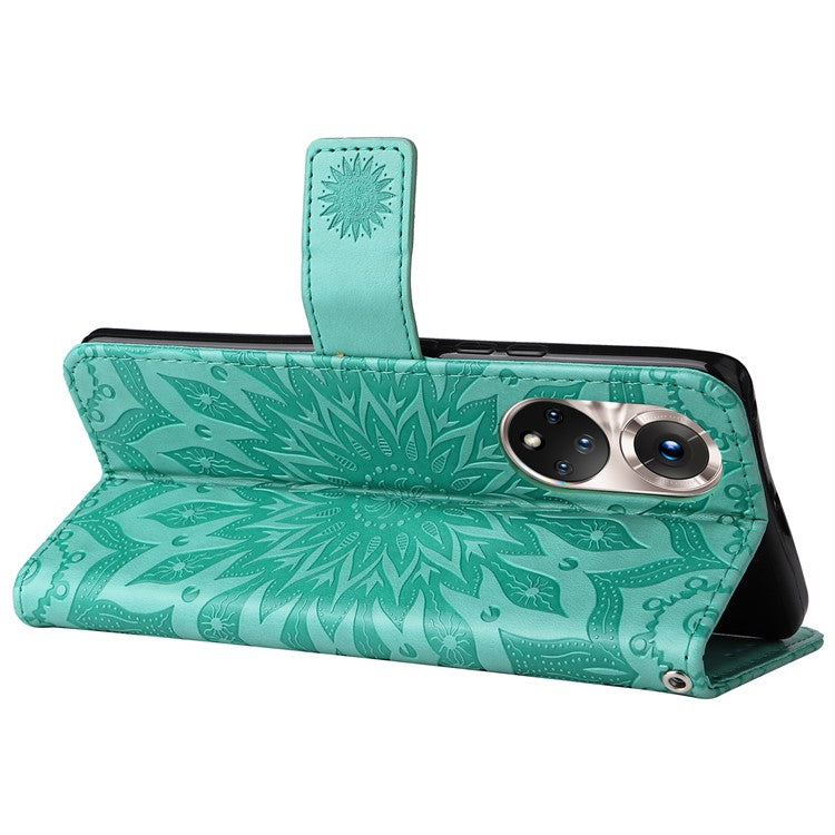 KT Imprinting Flower Series-1 Imprinting Mandala Sun Pattern Anti-scratch Protective Leather Case with Wallet Stand for Huawei nova 9/Honor 50 5G - Green