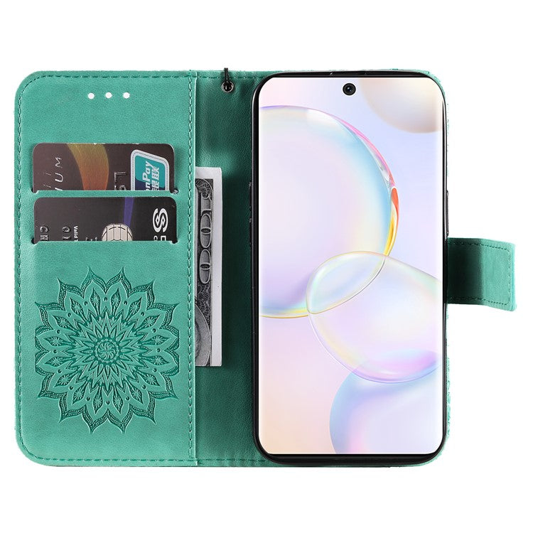 KT Imprinting Flower Series-1 Imprinting Mandala Sun Pattern Anti-scratch Protective Leather Case with Wallet Stand for Huawei nova 9/Honor 50 5G - Green