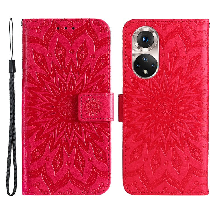 KT Imprinting Flower Series-1 Imprinting Mandala Sun Pattern Anti-scratch Protective Leather Case with Wallet Stand for Huawei nova 9/Honor 50 5G - Red