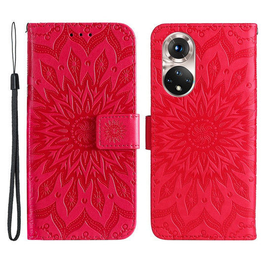 KT Imprinting Flower Series-1 Imprinting Mandala Sun Pattern Anti-scratch Protective Leather Case with Wallet Stand for Huawei nova 9/Honor 50 5G - Red