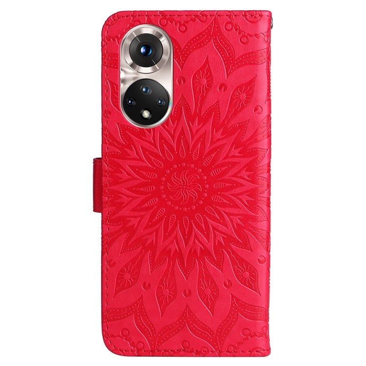 KT Imprinting Flower Series-1 Imprinting Mandala Sun Pattern Anti-scratch Protective Leather Case with Wallet Stand for Huawei nova 9/Honor 50 5G - Red