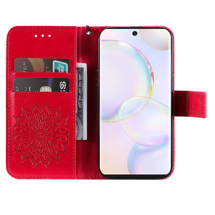 KT Imprinting Flower Series-1 Imprinting Mandala Sun Pattern Anti-scratch Protective Leather Case with Wallet Stand for Huawei nova 9/Honor 50 5G - Red