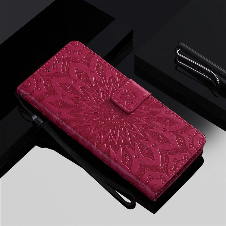 KT Imprinting Flower Series-1 Imprinting Mandala Sun Pattern Anti-scratch Protective Leather Case with Wallet Stand for Huawei nova 9/Honor 50 5G - Red