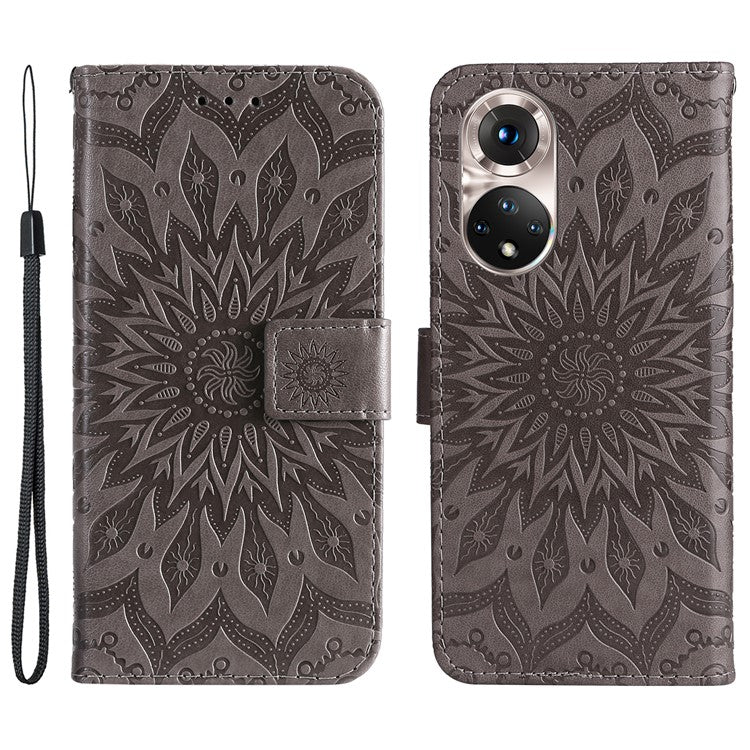 KT Imprinting Flower Series-1 Imprinting Mandala Sun Pattern Anti-scratch Protective Leather Case with Wallet Stand for Huawei nova 9/Honor 50 5G - Grey