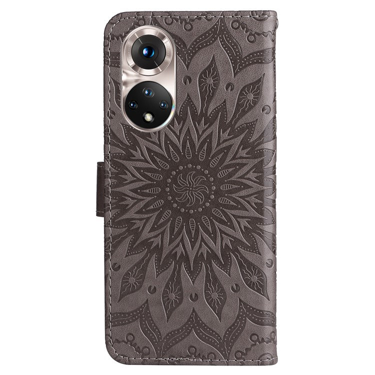 KT Imprinting Flower Series-1 Imprinting Mandala Sun Pattern Anti-scratch Protective Leather Case with Wallet Stand for Huawei nova 9/Honor 50 5G - Grey