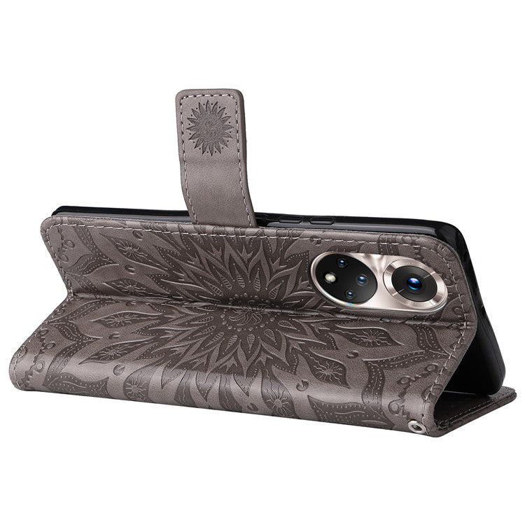 KT Imprinting Flower Series-1 Imprinting Mandala Sun Pattern Anti-scratch Protective Leather Case with Wallet Stand for Huawei nova 9/Honor 50 5G - Grey