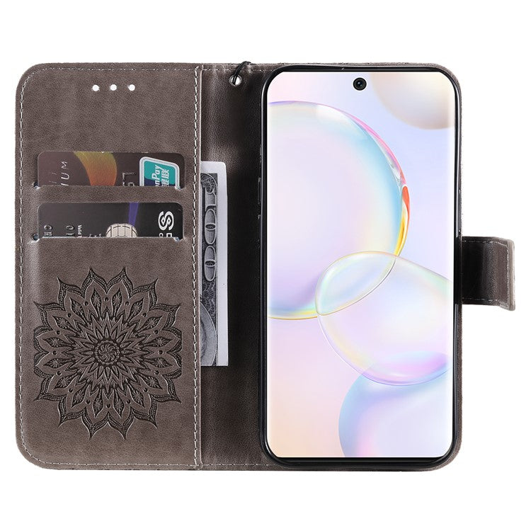 KT Imprinting Flower Series-1 Imprinting Mandala Sun Pattern Anti-scratch Protective Leather Case with Wallet Stand for Huawei nova 9/Honor 50 5G - Grey