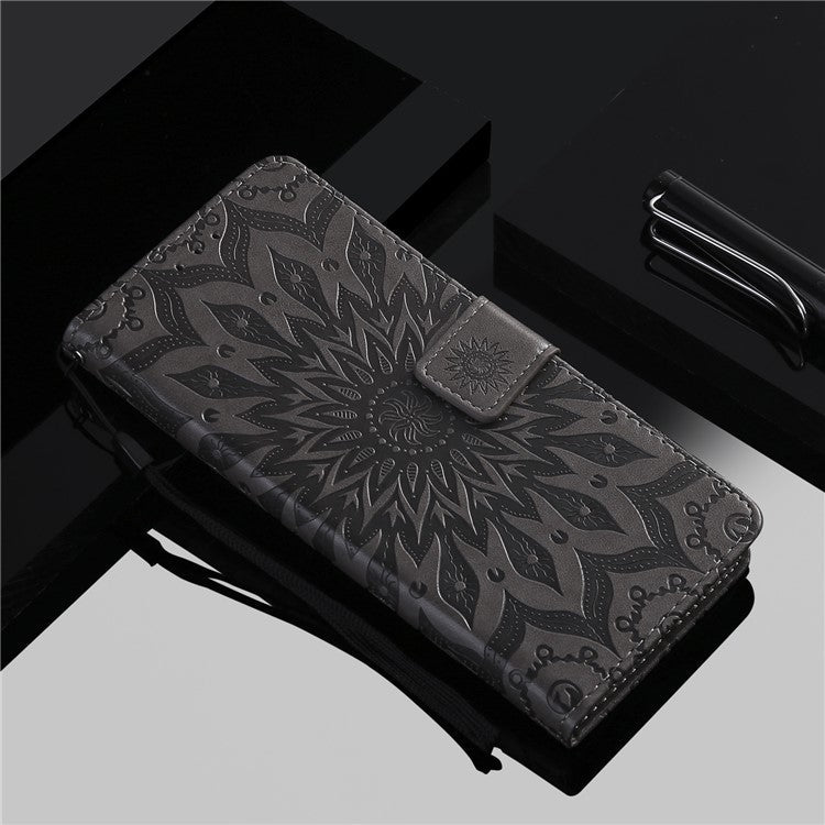 KT Imprinting Flower Series-1 Imprinting Mandala Sun Pattern Anti-scratch Protective Leather Case with Wallet Stand for Huawei nova 9/Honor 50 5G - Grey