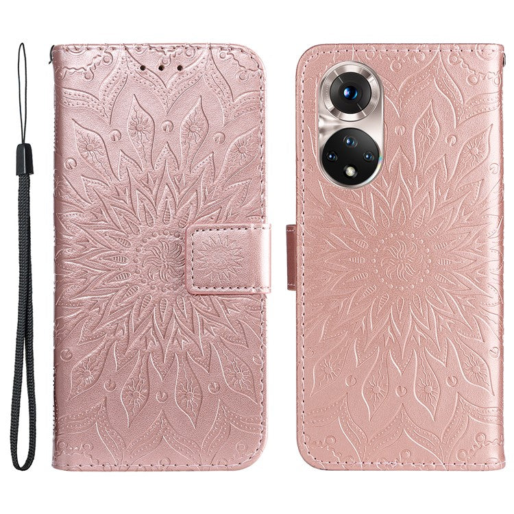 KT Imprinting Flower Series-1 Imprinting Mandala Sun Pattern Anti-scratch Protective Leather Case with Wallet Stand for Huawei nova 9/Honor 50 5G - Rose Gold